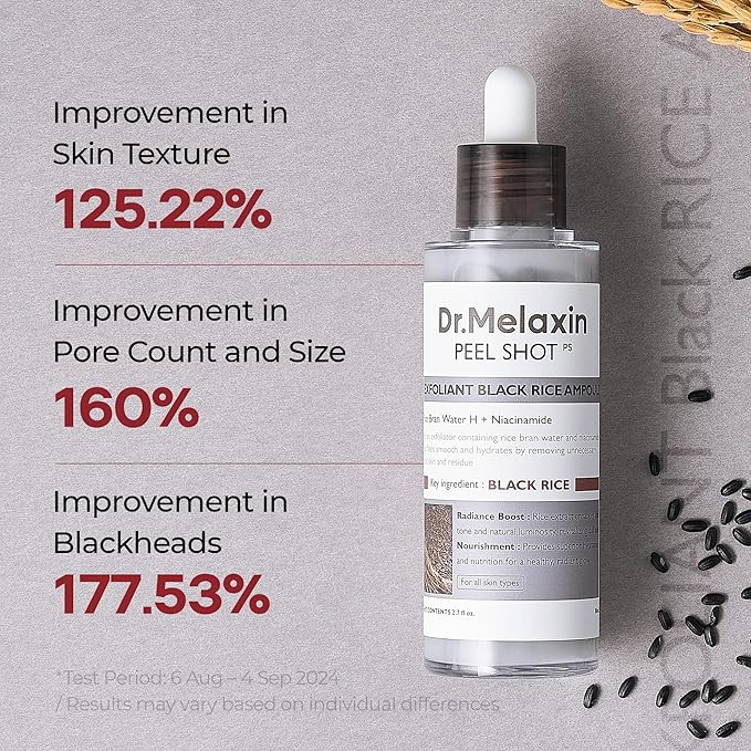 Dr.Melaxin Peel Shot Black Rice Exfoliating Ampoule, Face Exfoliator with AHA BHA Niacinamide Rice Bran Water, Blackhead Remover, Pore Minimizer, Brightening Glass Skin Serum, Korean Skin Care, 2.7 oz