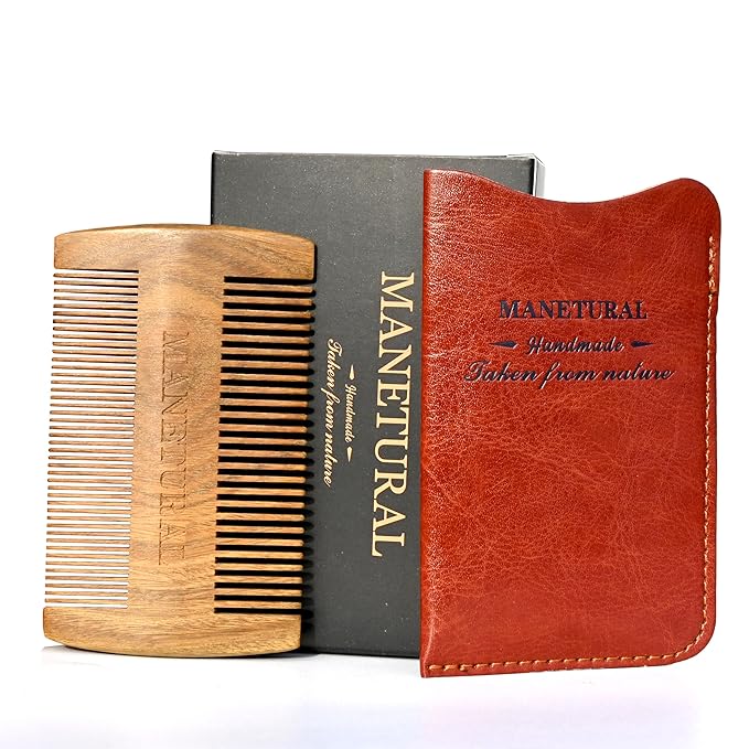 MANETURAL Premium Sandalwood Dual-Action Comb - Double-Tooth Design for Men's Fine & Wide Hair, Mustache Comb, Protective PU Leather Case