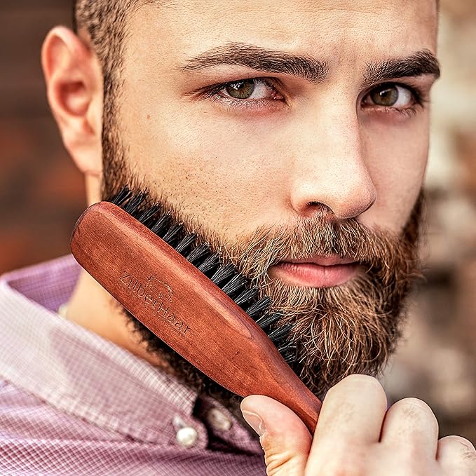 ZilberHaar Long Hair & Beard Brush - Made From Stiff First Cut Boar Bristles And Pearwood - Perfect Beard Care for Men - Works with all Beard Balms and Oils - 8.5 inches long