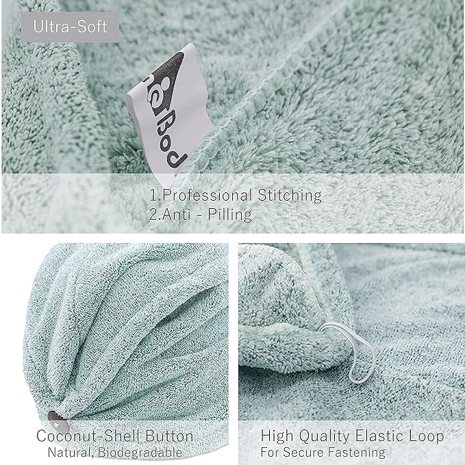 myHomeBody Hair Towel Wrap, Quick Drying Turban, Absorbent Cap – Green