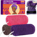 African Net Sponge Authentic, 3 Pieces Exfoliating Scrubber Bath Sponge for All Skin Types, Back Scrubber Loofah Washcloth for Shower, Gentle Exfoliation (Pink,Purple,Brown)