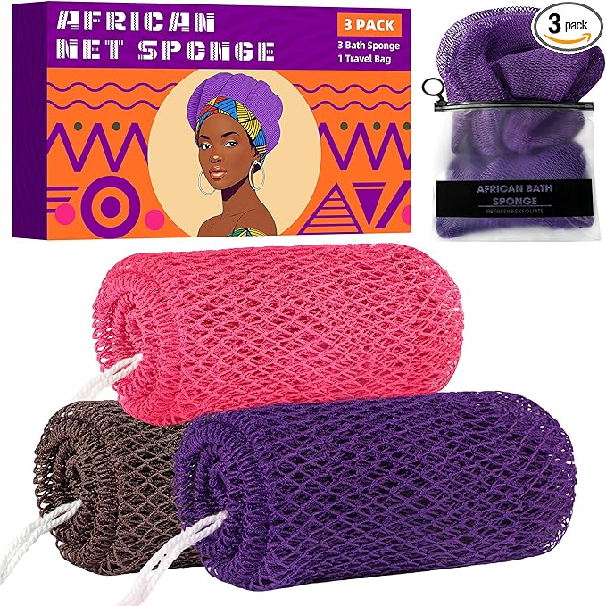 African Net Sponge Authentic, 3 Pieces Exfoliating Scrubber Bath Sponge for All Skin Types, Back Scrubber Loofah Washcloth for Shower, Gentle Exfoliation (Pink,Purple,Brown)