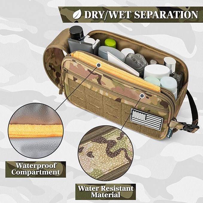 PAVILIA Tactical Toiletry Bag for Men, Water Resistant Molle Military Dopp Kit, Travel Hygiene Organizer with Wet Dry Storage for Shaving, Grooming, Gym and Camping, Camo