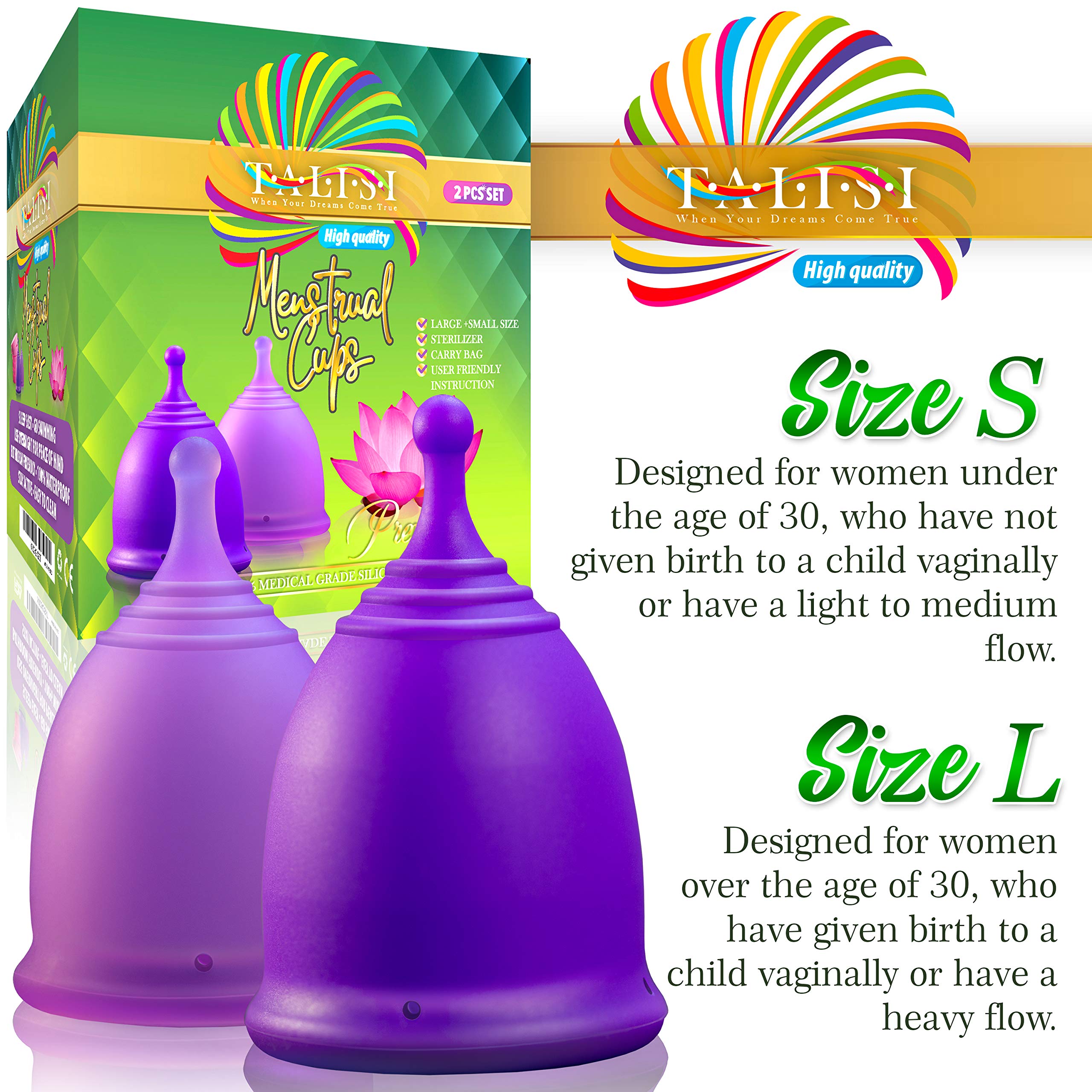 Talisi Reusable Menstrual Cup (Small & Large) Set of 2 with Foldable Silicone Sterilizer, Copa Menstruelle, Soft Period Cup, Heavy & Light Flow, Feminine Hygiene, Tampons, Pads & Disc Alternative