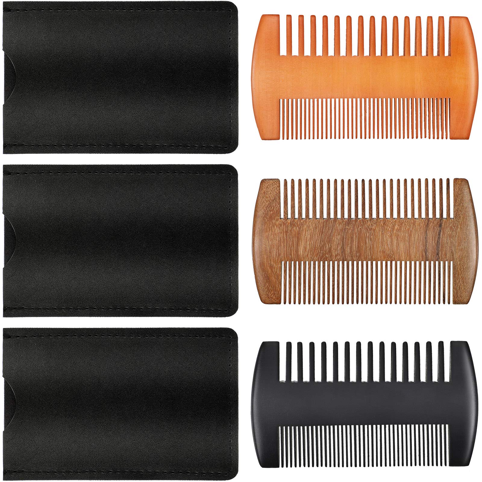 3 Pieces Beard Comb for Men Natural Sandalwood Wooden Mustaches Combs Dual Action Teeth Beard Comb with 3 Pieces Pocket Faux Leather Case for Beards Mustaches(Black, Yellow, Brown)
