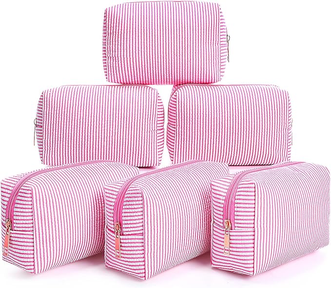 Sanwuta 6 Pcs Seersucker Cosmetic Bags Bulk Seersucker Makeup Bags Stripe Women Pouch Large Preppy Storage Pouch Toiletry Travel for Wedding Bridesmaid Bride Favor Back to Teacher Gift (Pink)
