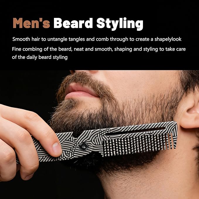 Metal Beard Comb for Men, Folding, 201Steel, Laser Engraved Handle, 0.17lb