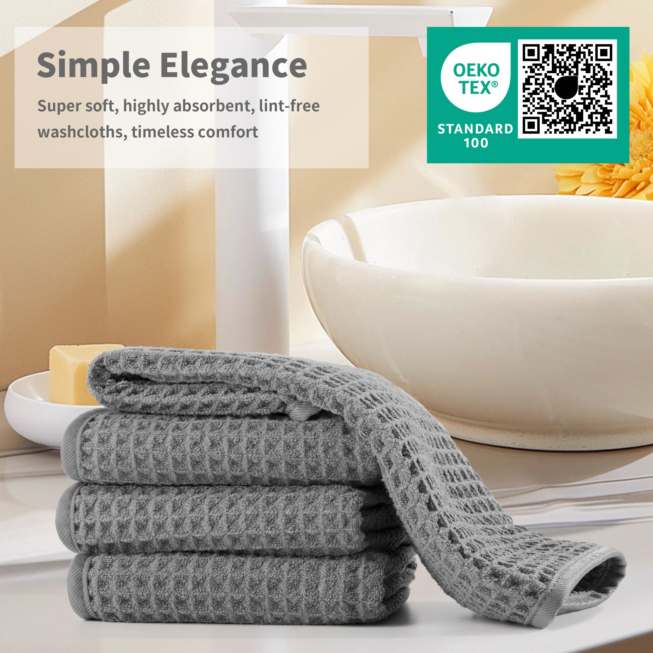 Microfiber Waffle Face Towels, 4 Pieces, Soft, Absorbent, Fast Drying, Lint Free 430 GSM (Gray)