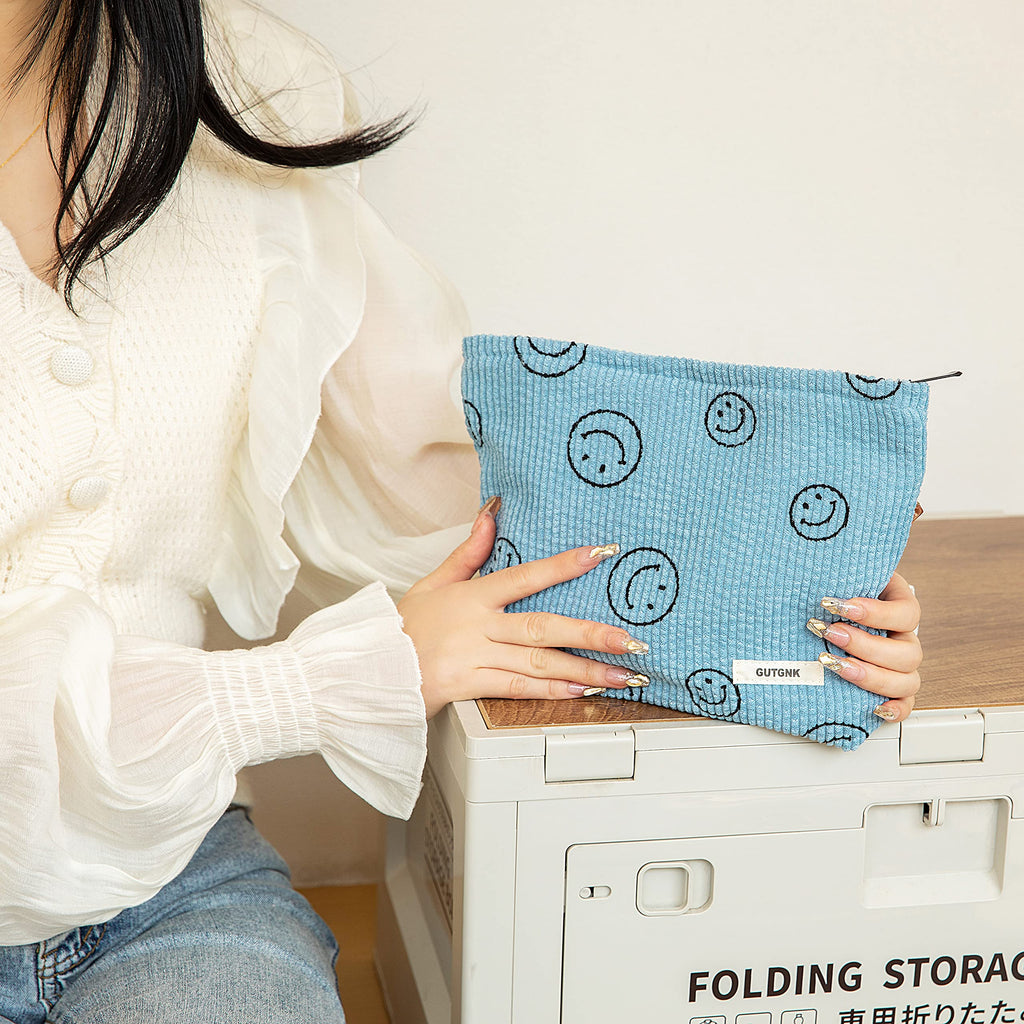 GUTGNK Makeup bag for Women, Corduroy Cosmetic Bag Aesthetic Design Ladies Tote Bag,Cute Smiley Face Makeup Organizer with Zipper - Blue