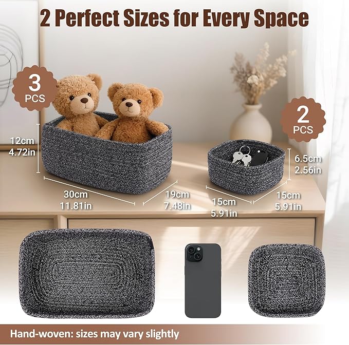 VIRETH HAUS 5-Pack Small Woven Rope Storage Baskets – 2 Sizes Organizer Bins for Closet, Shelf, Bookshelf, Nursery, Changing Table, Fabric Cube Boxes, Rectangular Shallow Bins for Bathroom, Toy & Home