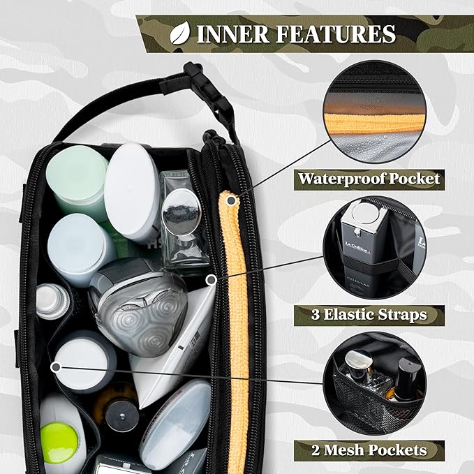 PAVILIA Tactical Toiletry Bag for Men, Water Resistant Molle Military Dopp Kit, Travel Hygiene Organizer with Wet Dry Storage for Shaving, Grooming, Gym and Camping, Black
