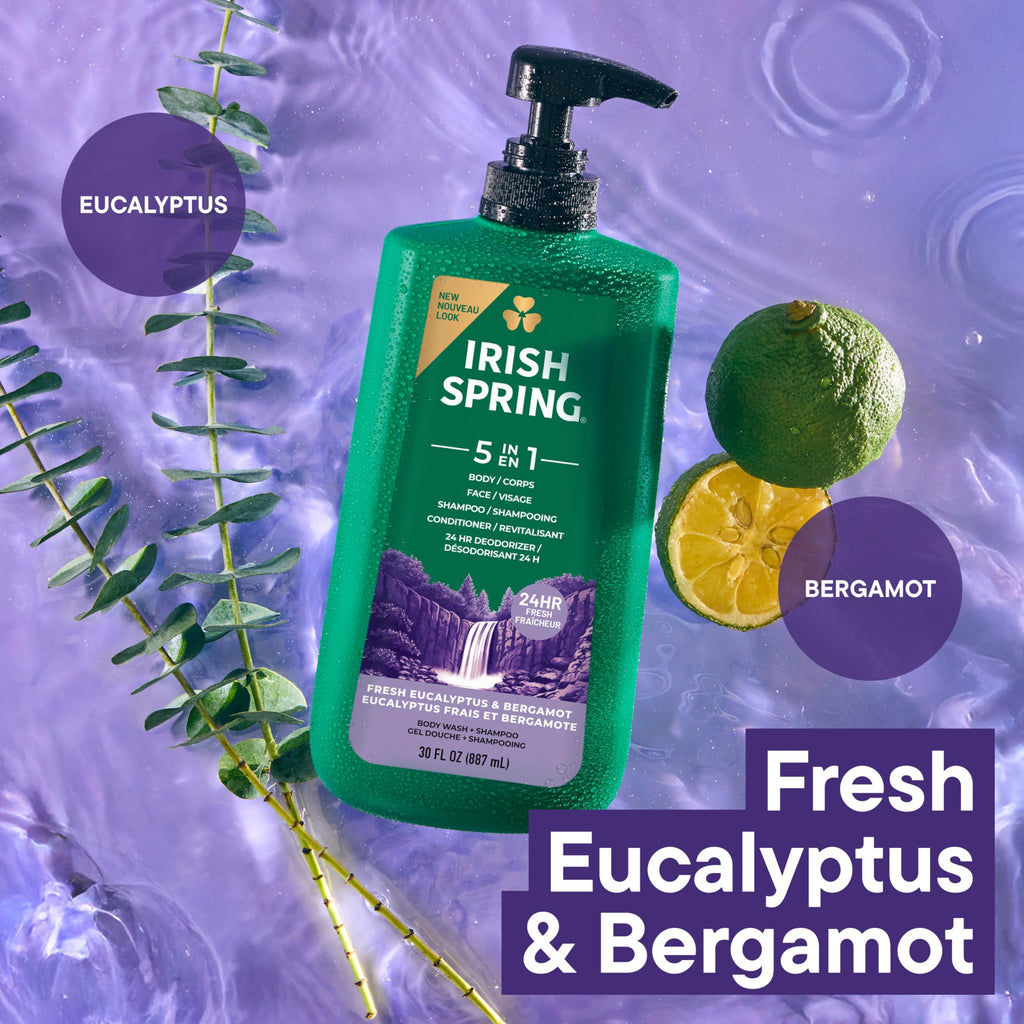 Irish Spring 5 in 1 Moisturizing Body Wash for Men, Shampoo, Conditioner, Body and Face Wash, and 24 Hour Deodorizer, Paraben-Free, Fresh Eucalyptus & Bergamot Scent, 30 fl oz - Packaging may vary