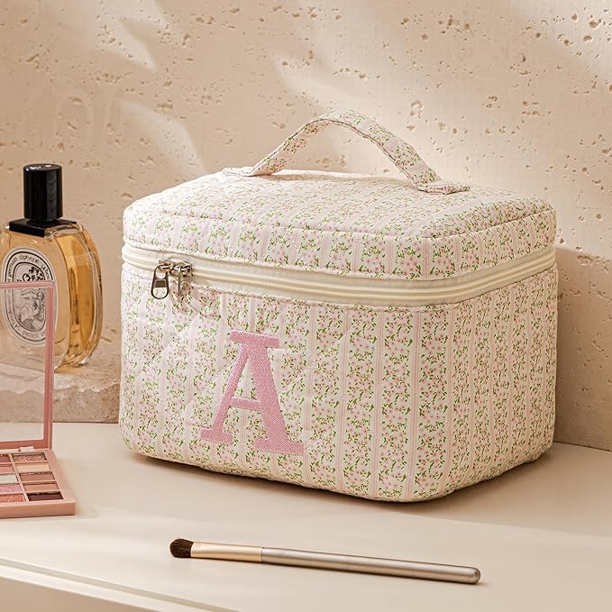 HBselect Initial Quilted Makeup Bag, Pink Cosmetic Travel Toiletry Bag, Flowers Coquette Zipper Make Up Pouch Organizer Teen Girl Gift Trendy Stuff H