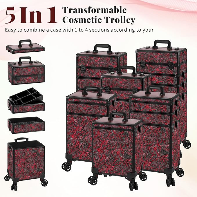 JINGUAN Professional Rolling Makeup Train Case with Lid, 5 in 1 Cosmetology Case on Wheels, Large Cosmetic Trolley Organizer Travel for Hairstylist Artist Nail Beauty Salon Barber, Red