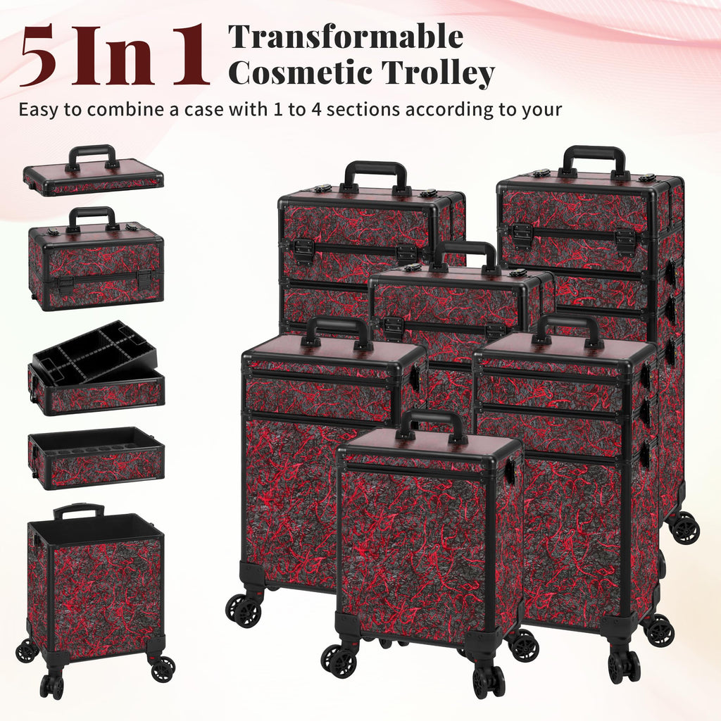 JINGUAN Professional Rolling Makeup Train Case with Lid, 5 in 1 Cosmetology Case on Wheels, Large Cosmetic Trolley Organizer Travel for Hairstylist Artist Nail Beauty Salon Barber, Red