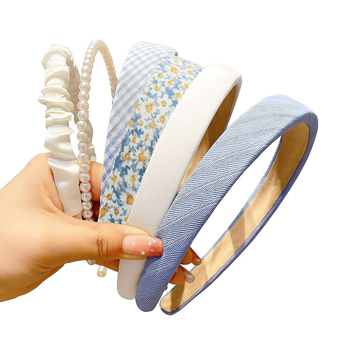 DOXISHRUKY Fashion Headbands Set, 6pcs Pearl Floral Padded Wide Vintage Headbands for Women and Girls (Blue)