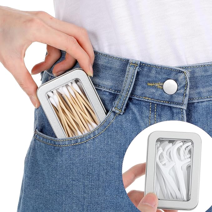 Shimmeroo 2PCS Metal Cotton Swab Holder, Portable Small Floss Pick Holder, Reusable Empty Metal Cotton Ball Case with Dust Lid for Travel Swabs Hair Ties Floss