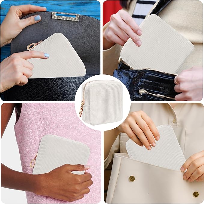 Period Bag for Girls, Corduroy Sanitary Napkin Storage Bag, Period Pouch & Tampon Holder, Feminine Care Organizer（Beige）