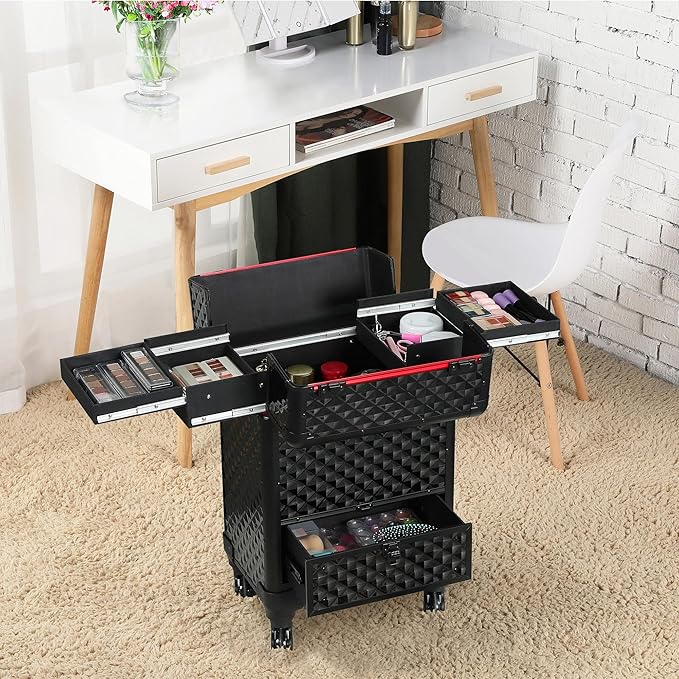 Yaheetech Rolling Makeup Train Case with a Drawer Nail Trolley Black/Red