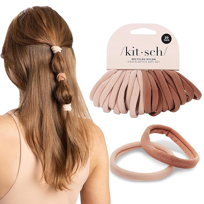 Kitsch Nylon Hair Ties No Damage - Stretchable Hair Bands for Strong All-Day Hold, Ponytail Holders | Hair Accessories for Girls - Blush 20 Pcs