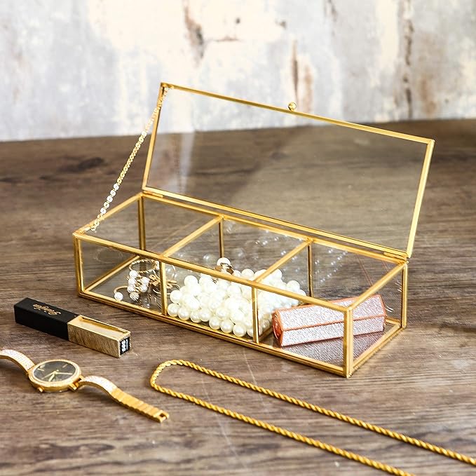 Utopz Vintage Golden Glass Lidded Box Clear Glass & Brass Metal Storage Jewelry and Cosmetic Makeup Organizer with Lid Beauty Display, Rectangle with 3 Compartment