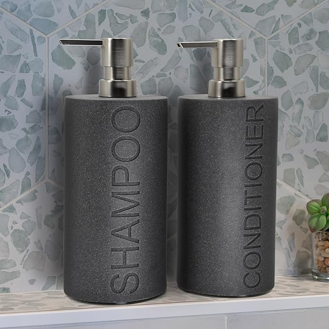Indecor Home Resin 2 Pack Shampoo, Conditioner or Body Wash Dispenser Set, Luxurious Refillable Pump Bottles with Matte Pump Top and Embossed Text, Durable Design for Bathroom and Shower