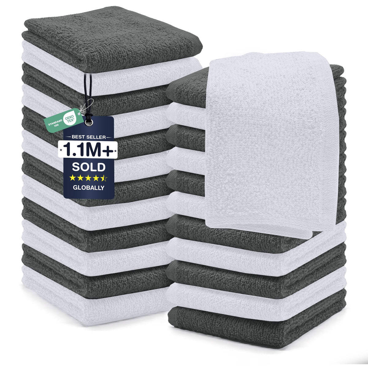 DAN RIVER 24 Pack Cotton Wash Cloths Set for Showering [12x12] Gray