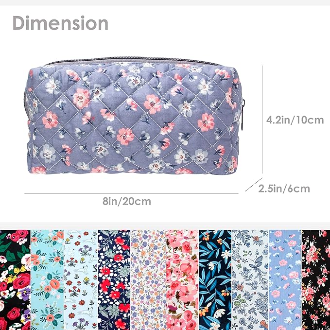 PAZIMIIK Small Quilted Makeup Bag,Zipper Cosmetic Pouch,Grey Floral