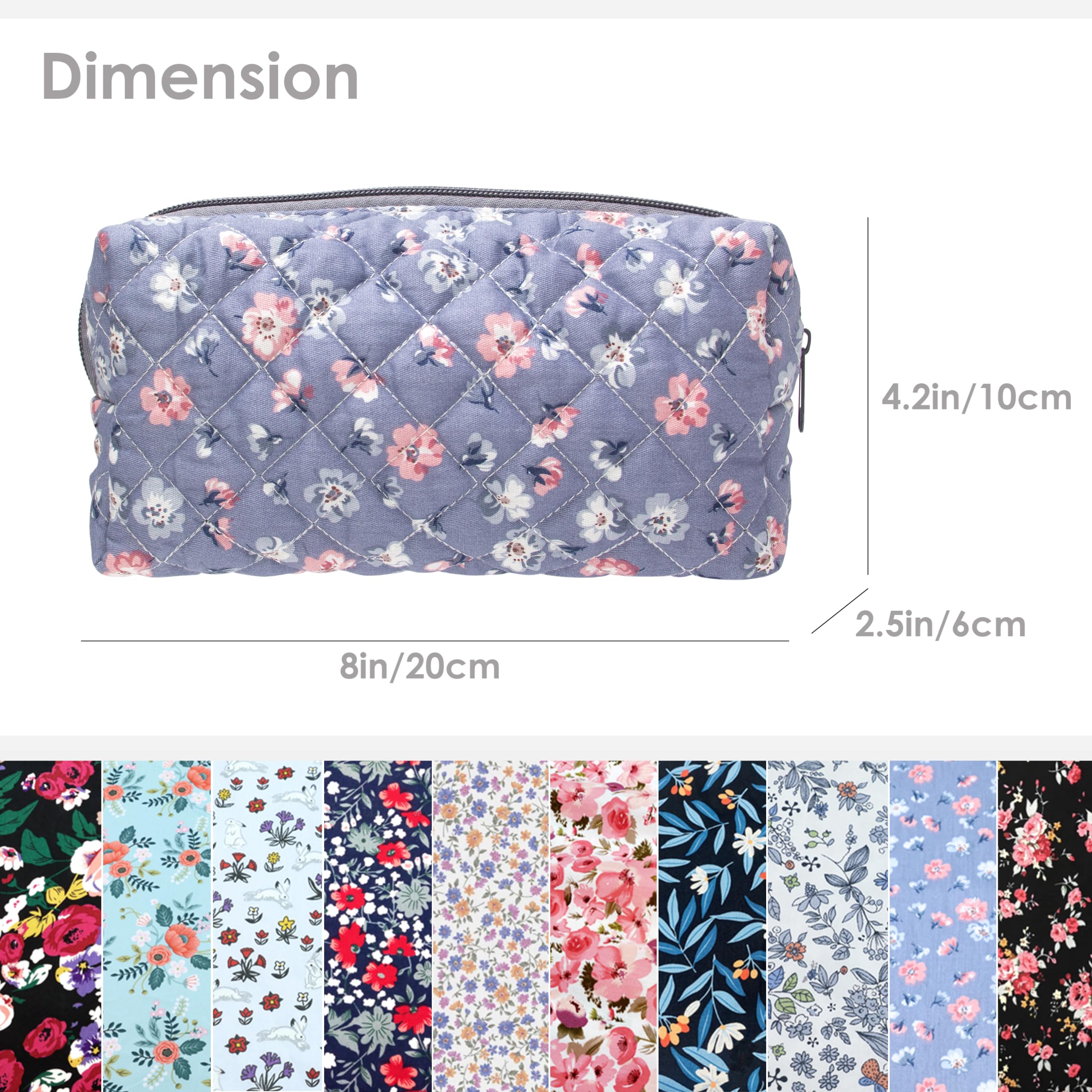 PAZIMIIK Small Quilted Makeup Bag,Zipper Cosmetic Pouch,Grey Floral