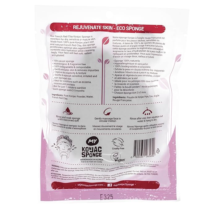 MY Konjac Sponge All Natural Korean Fiber French Red Clay Facial Sponge. Excellent for Dry or Mature Skin. Halal, Leaping Bunny Cruelty Free and the Vegan Society Certified
