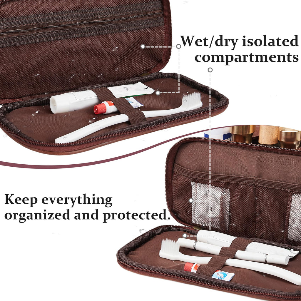 Travel Toiletry Bag For Mens PU Leather Engraved Initials (Dark Brown M)
