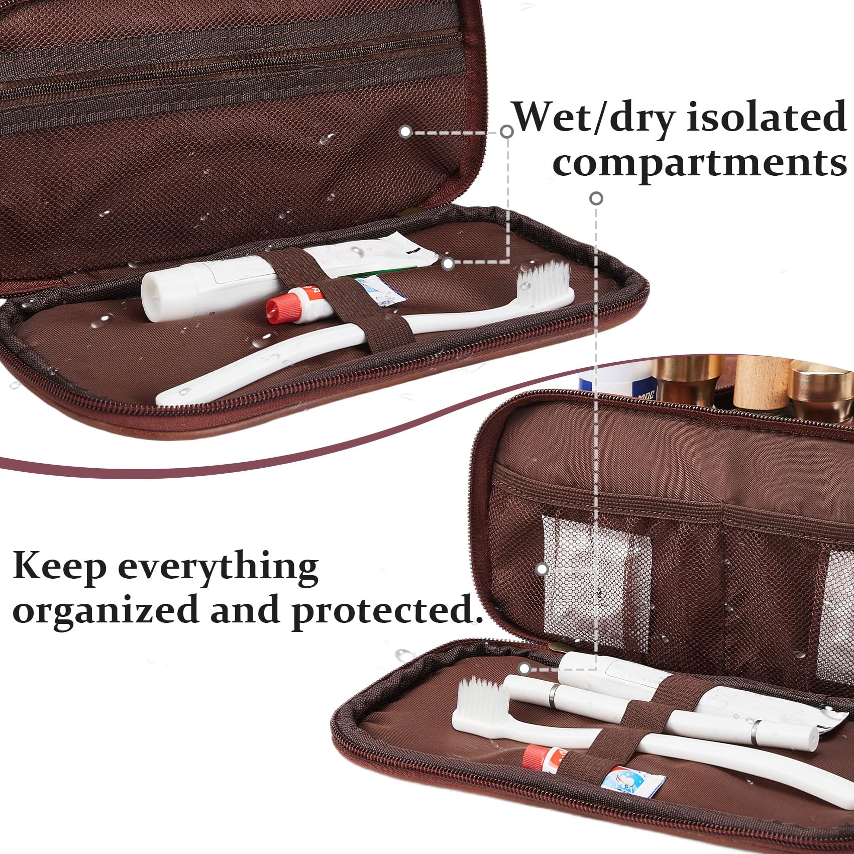 Travel Toiletry Bag For Mens PU Leather Engraved Initials (Dark Brown F)