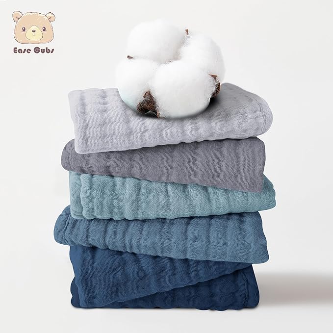12 Pack Muslin Washcloths for Baby - 100% Cotton Baby Wash Cloths for or Baby Face Body Comfy and Soft for Newborn Infants Kids Girls and Boys - 12"x12" - Slate, Grey and Navy Series