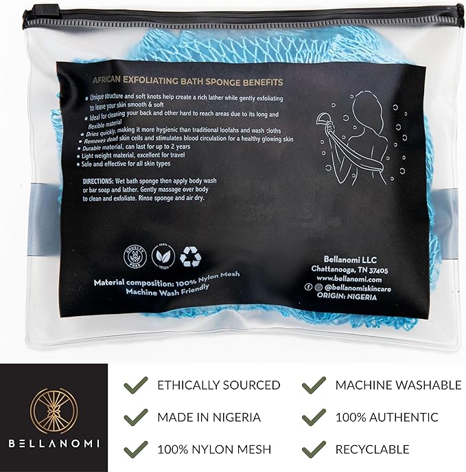 BELLANOMI African Exfoliating Net Sponge, Authentic, Ethically sourced from Nigeria, 45 inches Long, Back Scrubber for Daily use (Baby Blue)