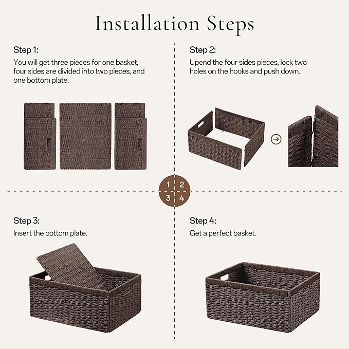 UBBCARE 4 Pack Wicker Basket, 13.4L×8.3H×7.1W inch Woven Paper Rope Storage Baskets for shelves, Foldable Rectangular Storage Baskets with Handle, Storage Basket for Organizing, Dark Brown