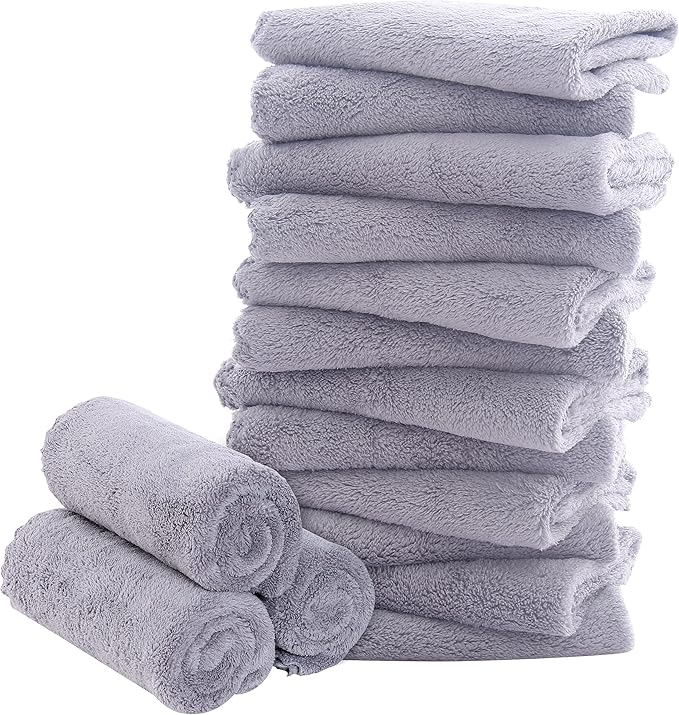 16 Pack Baby Washcloths - Luxury Coral Fleece - Extra Absorbent and Soft Wash Clothes for Newborn, Infants and Toddlers - Suitable for Sensitive Skin and New Born - Baby Shower - Light Grey,10x10 Inch