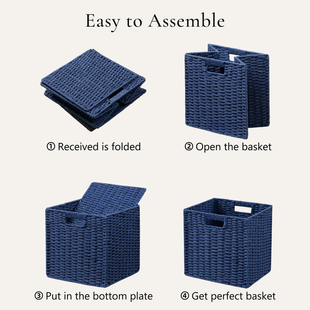 UBBCARE 3 Pack Wicker Basket, 11L×11H×10.5W inch Woven Paper Rope Storage Baskets for Shelves, Foldable Cube Storage bin with Handle, Storage Basket for Organizing & Decor, Navy Blue