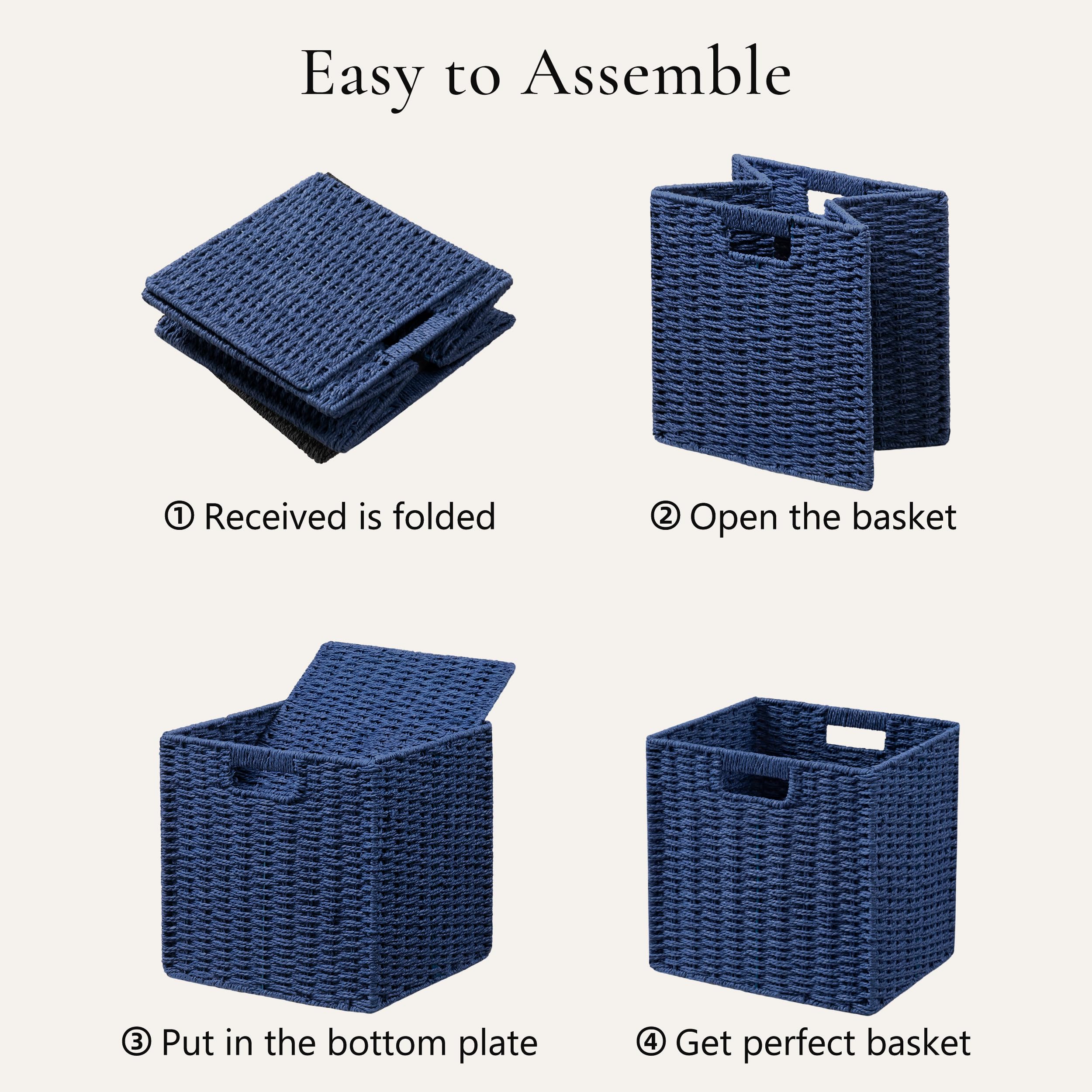 UBBCARE 3 Pack Wicker Basket, 11L×11H×10.5W inch Woven Paper Rope Storage Baskets for Shelves, Foldable Cube Storage bin with Handle, Storage Basket for Organizing & Decor, Navy Blue