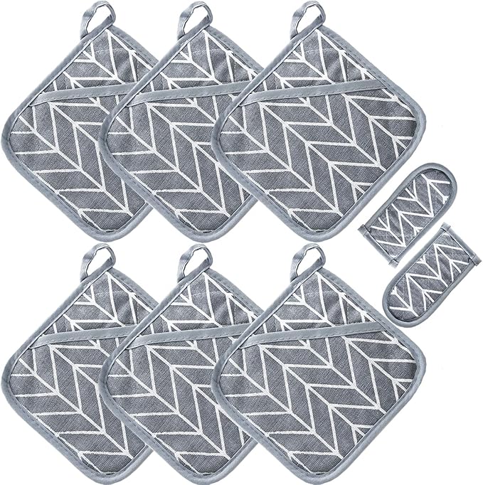 Win Change Heat Resistant Potholders Hot Pads-6 Kitchen Pot Holders Set with 2 Pan Hot Handle Holders Trivet for Cooking and Baking,with Recycled Infill Terrycloth Lining(Grey,8 Piece)