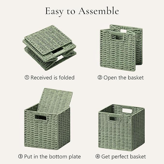 UBBCARE 3 Pack Wicker Basket, 11L×11H×10.5W inch Woven Paper Rope Storage Baskets for shelves, Foldable Cube Storage bin with Handle, Storage Basket for Organizing & Decor, Green
