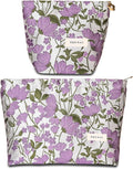 BOCGRPU 2 PCS Makeup Bag Small Cute Makeup Pouch Floral Cosmetic Bag for Women，Soft Toiletry Bag Pouch for Purse，Embroidery Craft Makeup Bag with Zipper（Purple Flower）