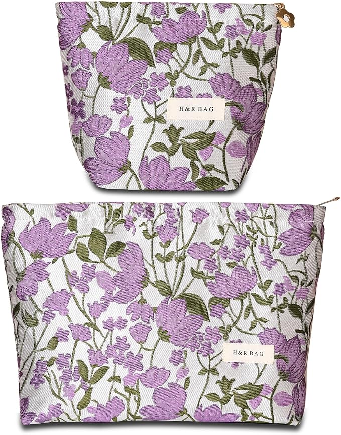 BOCGRPU 2 PCS Makeup Bag Small Cute Makeup Pouch Floral Cosmetic Bag for Women，Soft Toiletry Bag Pouch for Purse，Embroidery Craft Makeup Bag with Zipper（Purple Flower）