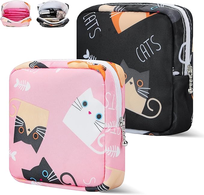 Period Bag Pouch, Canvas Sanitary Napkin Storage Bag for Girls Womens, Portable Sanitary Napkin Period Pad Pouch for Purse, Small Make Up Bags(Cat, Pink)