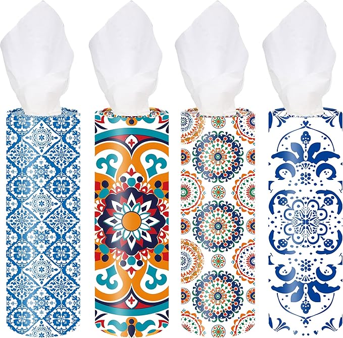4-Pack Car Tissue Cylinders - Retro Boho Pattern, Fits Car Cup Holders, Travel Tissue Tubes with Facial Tissues (Retro Design)