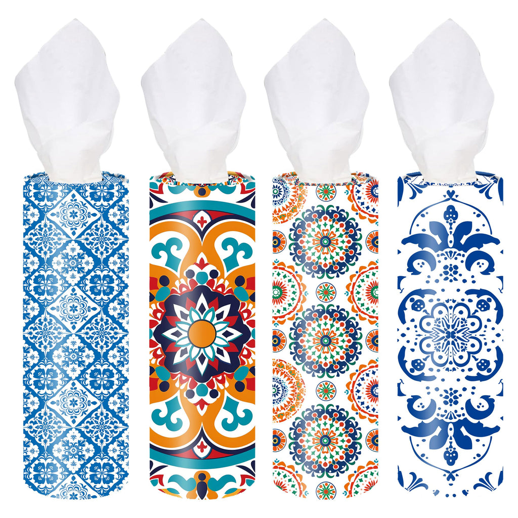 VIYNRAN 4-Pack Car Tissue Cylinders - Retro Boho Pattern, Fits Car Cup Holders, Travel Tissue Tubes with Facial Tissues (Retro Design)