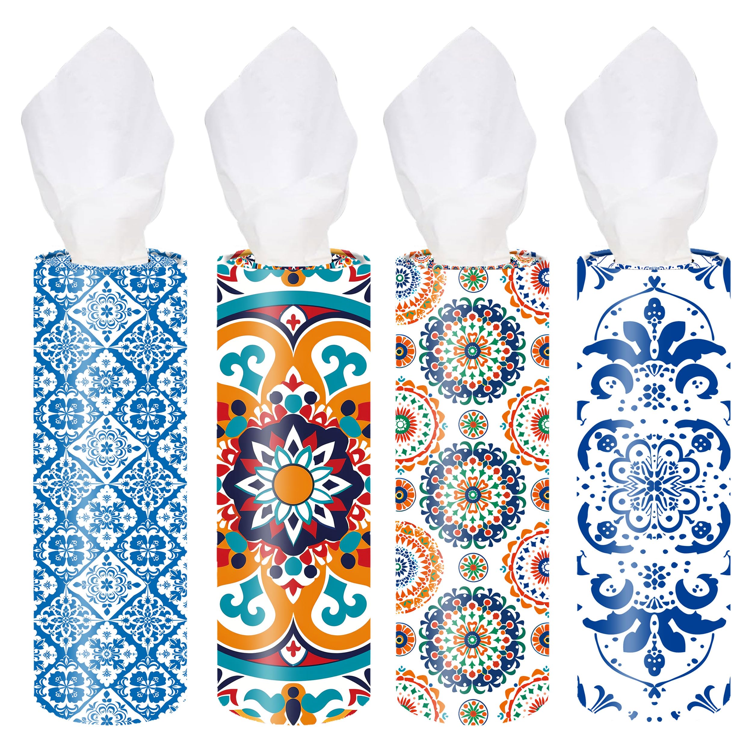 VIYNRAN 4-Pack Car Tissue Cylinders - Retro Boho Pattern, Fits Car Cup Holders, Travel Tissue Tubes with Facial Tissues (Retro Design)