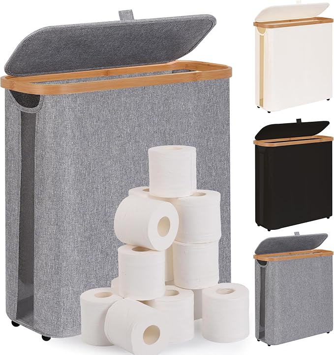 Toilet Paper Storage Basket with Lid - The Ultimate Bathroom Organizer, Free Standing Toilet Paper Holder for Up to 12 Mega Rolls, Toilet Tissue Storage Bin with Handle for RV Closet, Grey