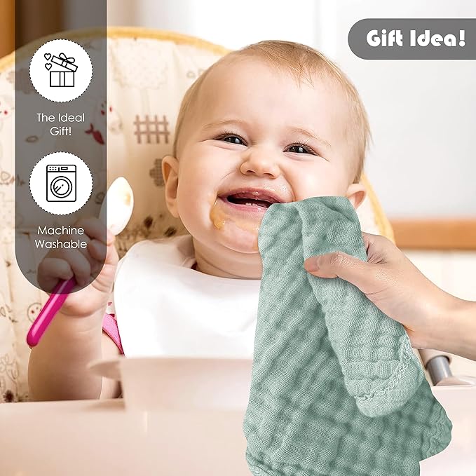 12 Pack Muslin Washcloths for Baby - 100% Cotton Baby Wash Cloths for or Baby Face Body Comfy and Soft for Newborn Infants Kids Girls and Boys - 12"x12" - Green