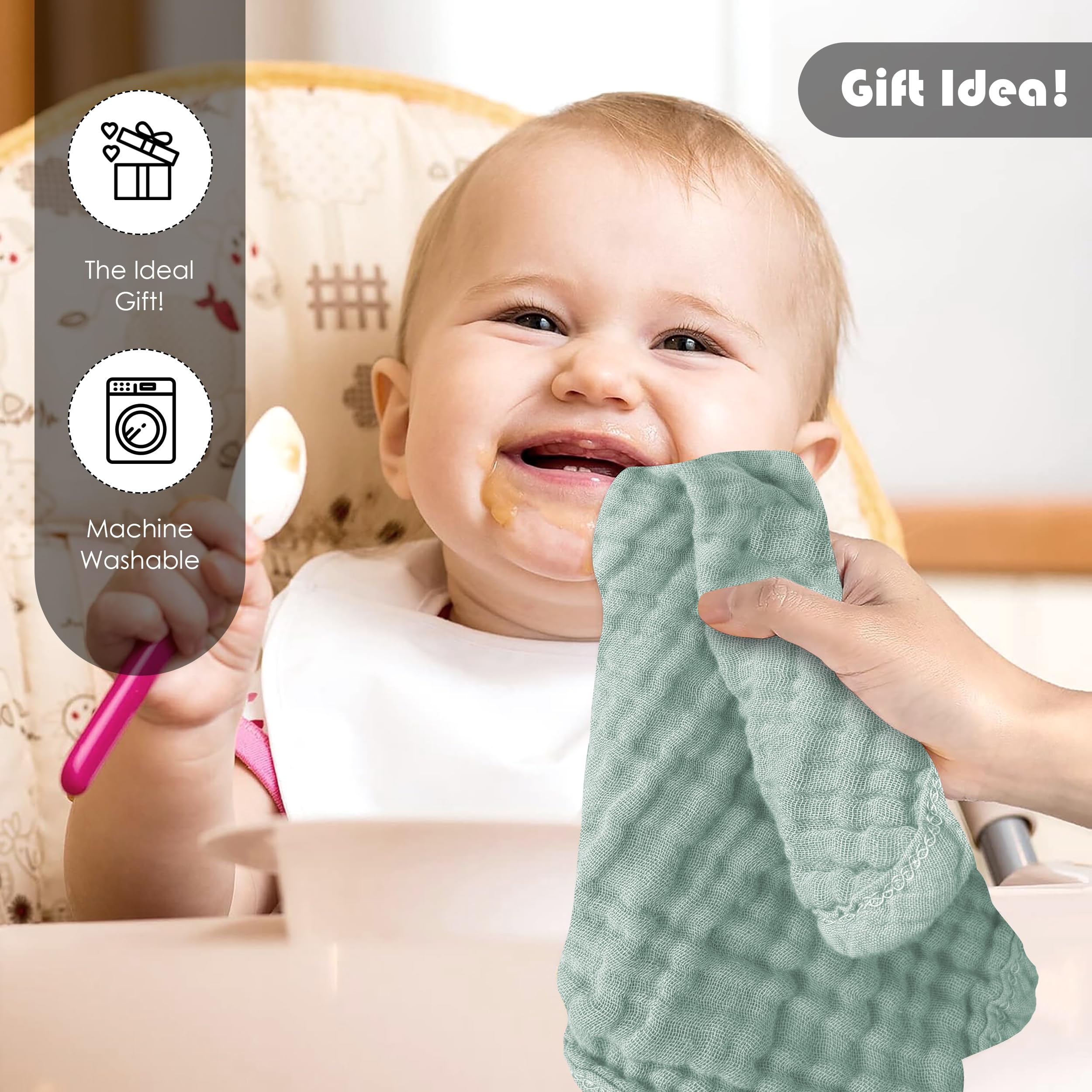 Ease Cubs 12 Pack Muslin Washcloths for Baby - 100% Cotton Baby Wash Cloths for or Baby Face Body Comfy and Soft for Newborn Infants Kids Girls and Boys - 12"x12" - Green