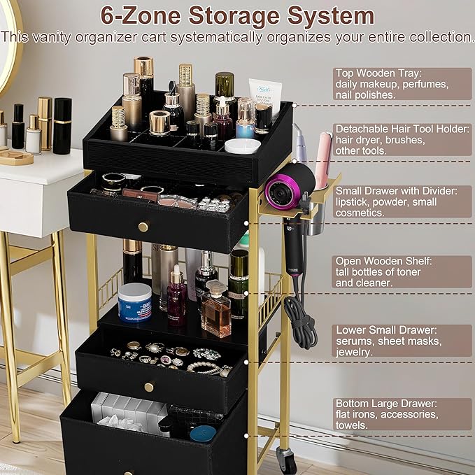NauwaBarn Makeup Organizer Cart with 3 Drawers, Rolling Vanity Organizer with Detachable Hair Tool Holder & Wheels, Floor Makeup Storage Cart for Skincare, Perfume, Nail Polish, Gold & Black